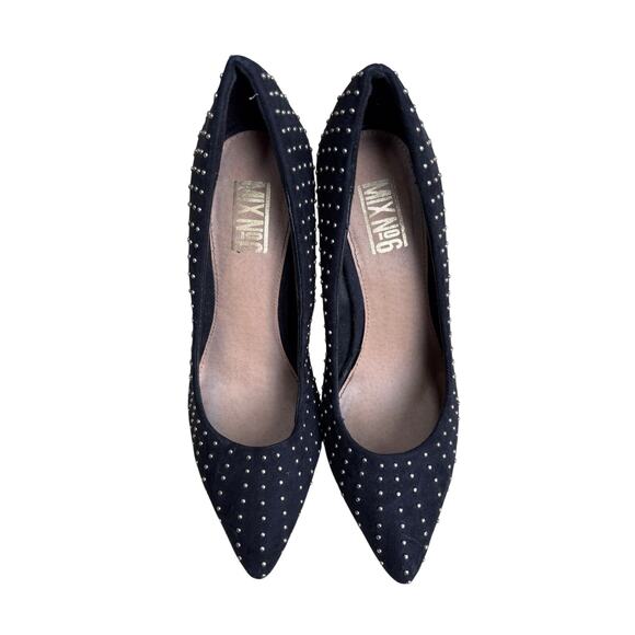 Mix No 6 high heel pumps US 7.5M goldtone studs on black faux suede sexy shoes - Picture 4 of 10